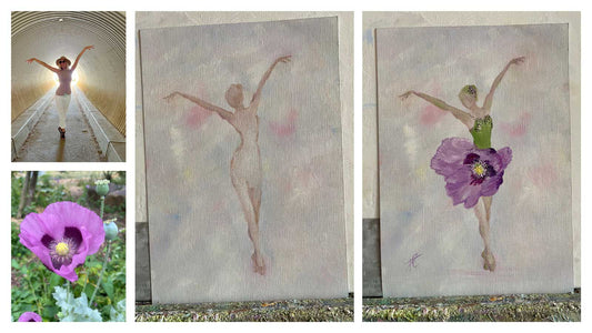 Collage of ballerina and poppy photos with images of a painting inspired y these photographs