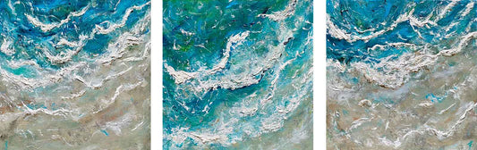 Trio of square textured seascape paintings from aerial view