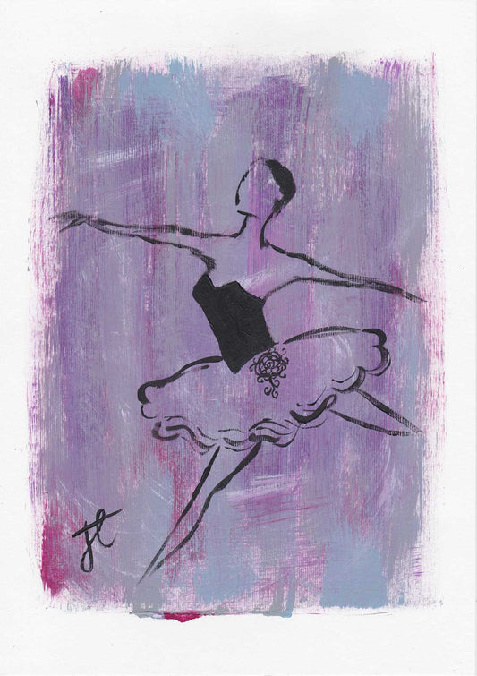 Paint sketch of ballerina figure against purple background. The figure wears a tutu with a black bodice and trim.