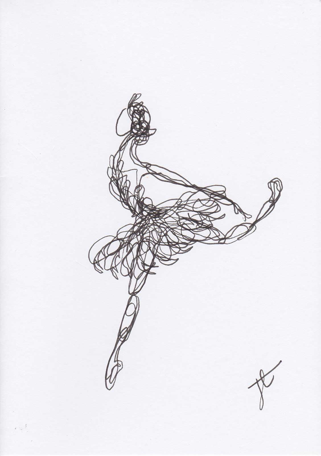White greetings card with continuous line drawing of swan ballerina in black ink