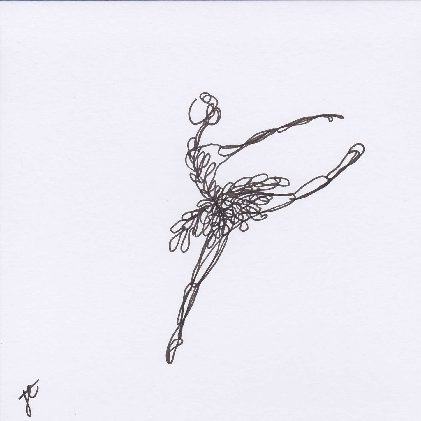 Greetings card with stylised line illustration of ballerina in arabesque