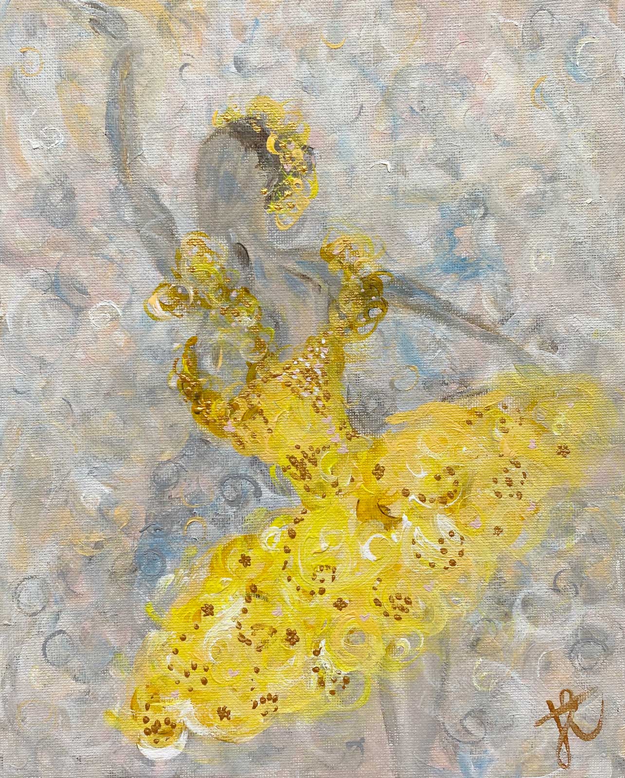 Ballerina painting of figure in yellow tutu, painted with lots of swirls