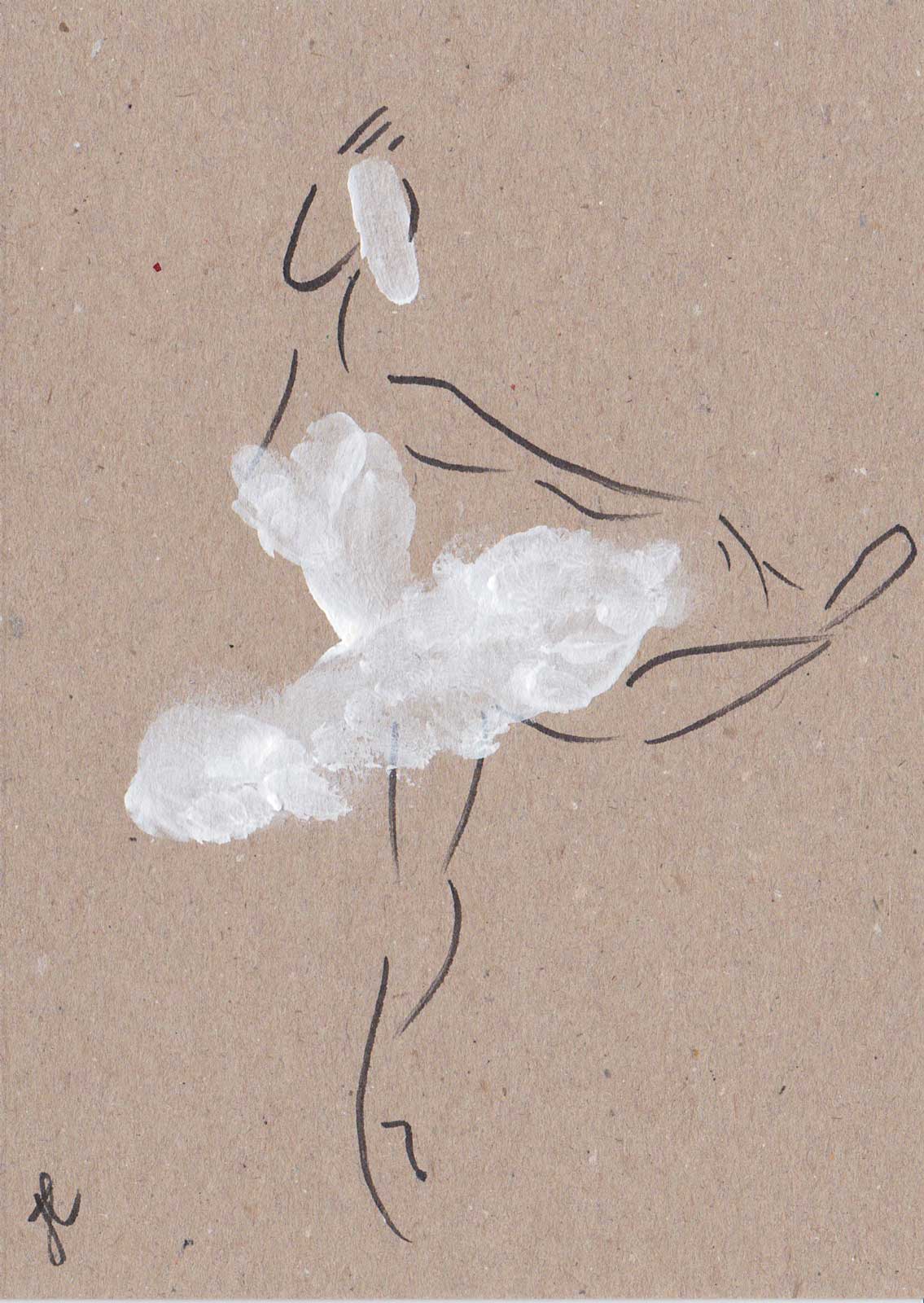 Stylised greetings card with swan ballerina figure depicted in ink with white acrylic tutu on brown card