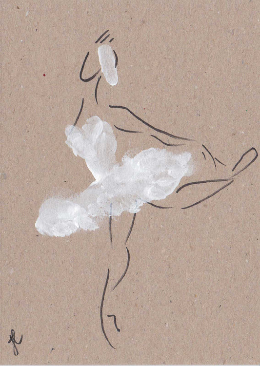Stylised greetings card with swan ballerina figure depicted in ink with white acrylic tutu on brown card