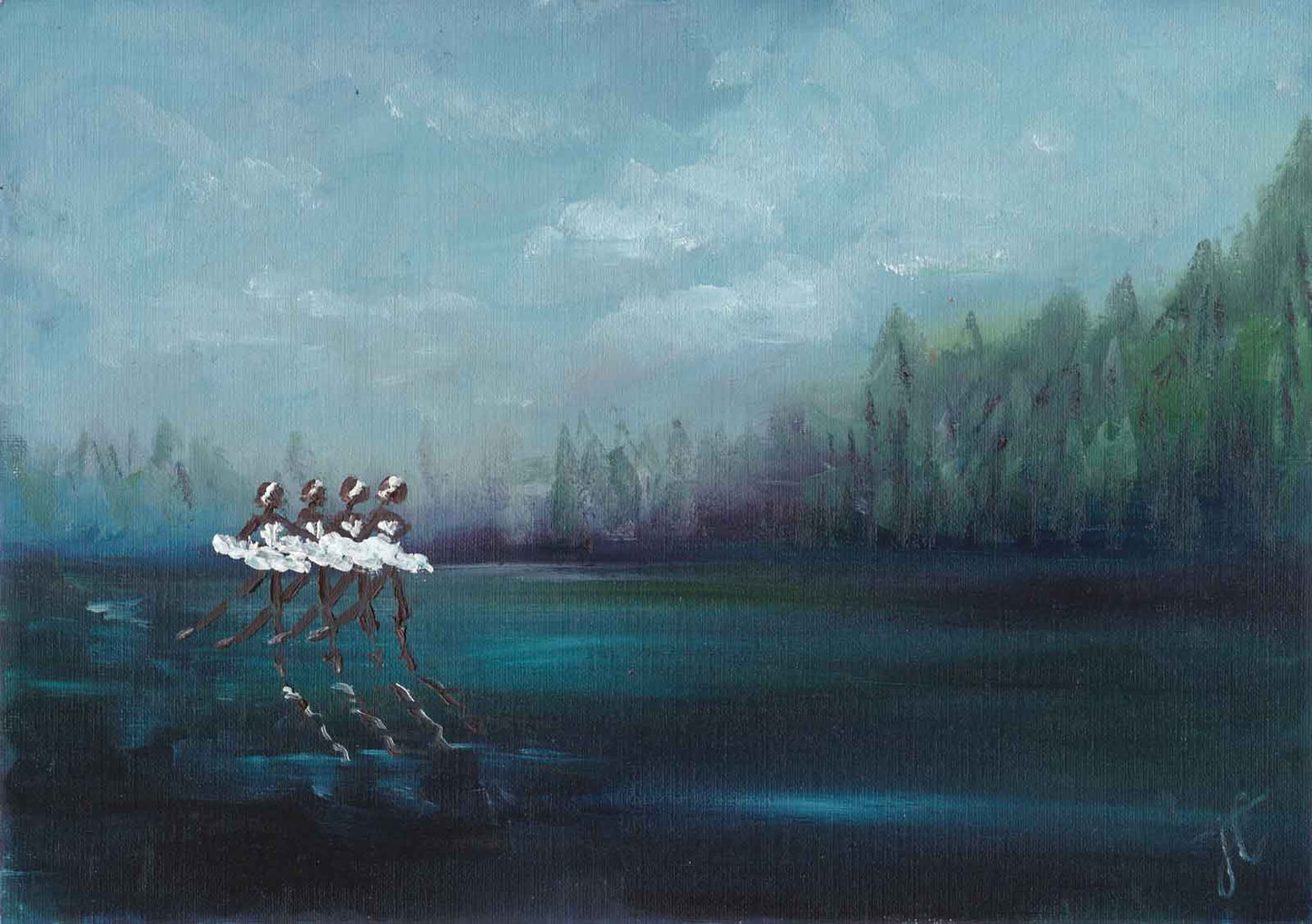 Painting with ballerina cygnets dancing together across a stage with a forest backdrop