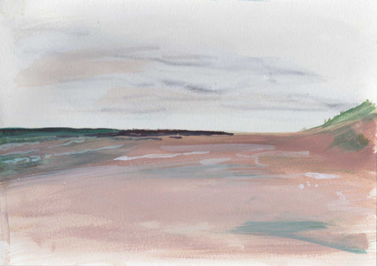 Seascape painting study of Bamburgh beach with shoreline, rocks and dune