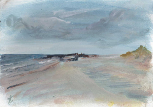 Seascape painting study of sandy beach with rocks and dunes