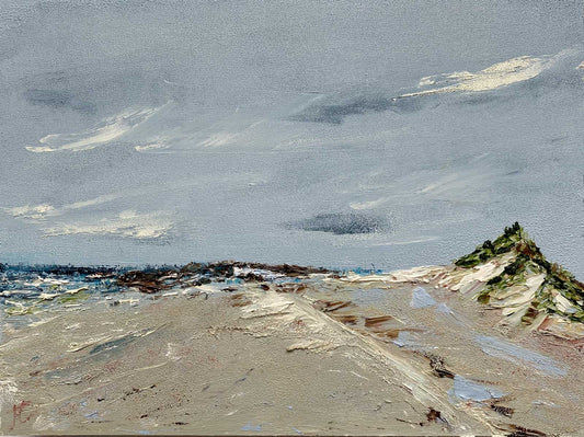 Seascape oil painting of beach with rocks and sand dune