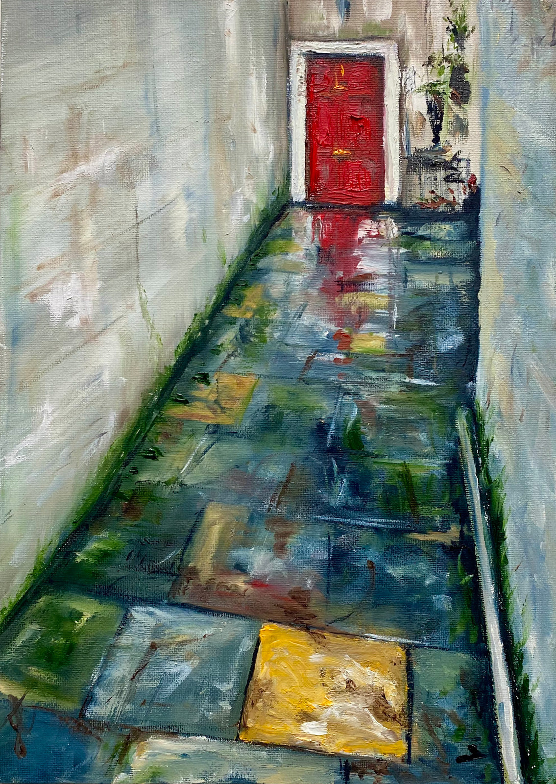 Cityscape painting of wet alleyway with red door