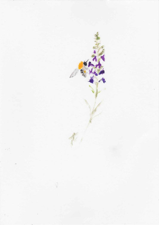 Hand-painted bee on purple toadflax flowers
