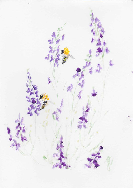 Painting of purple toadflax blooms with two bumble bees