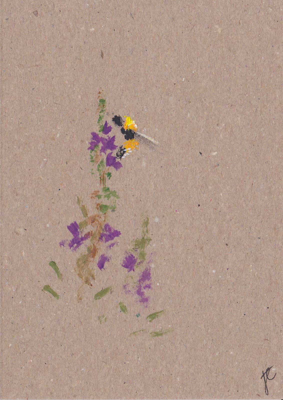 Hand-painted greetings card with bee and purple flowers