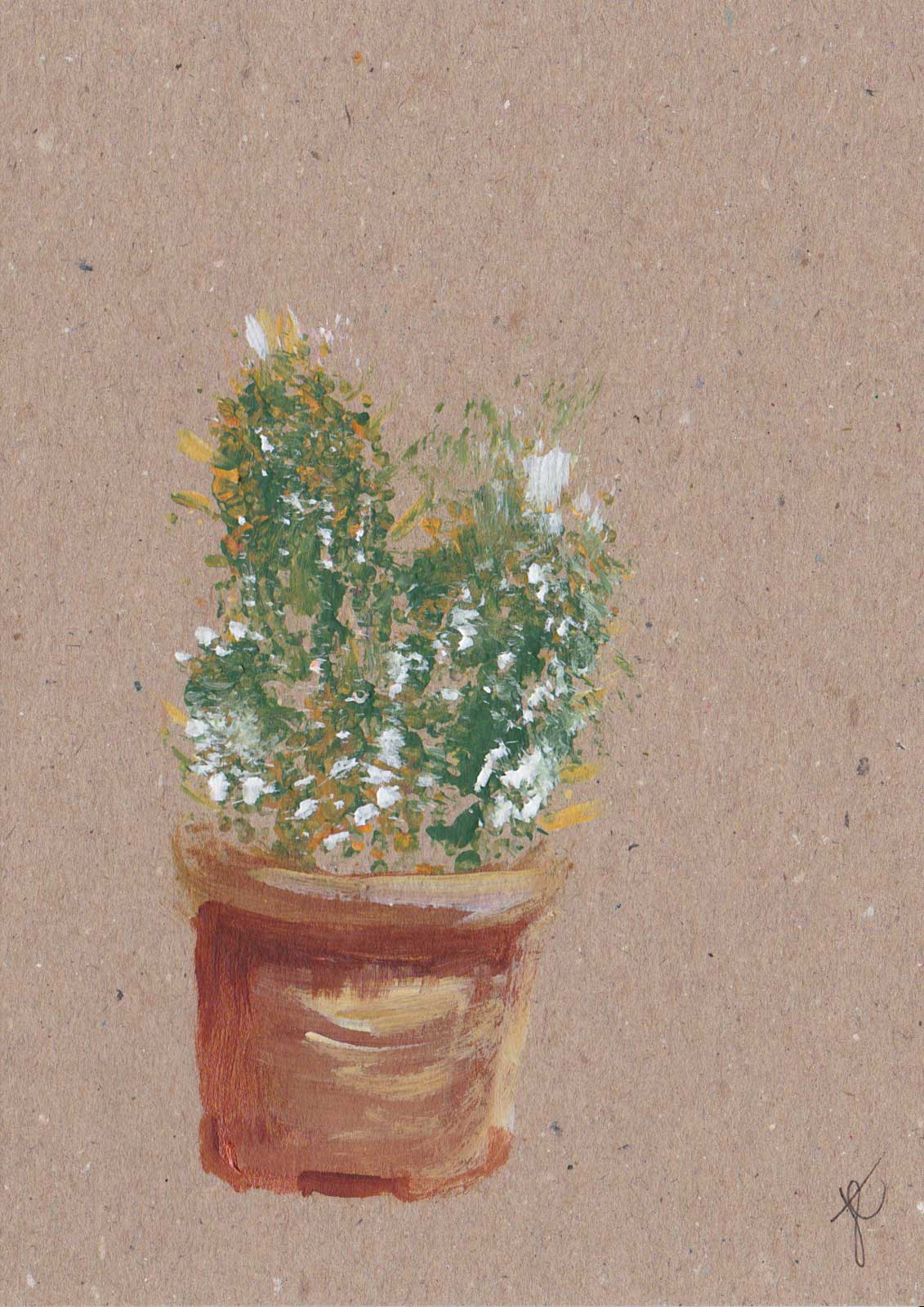 Painting of a potted cactus plant on a textured brown background