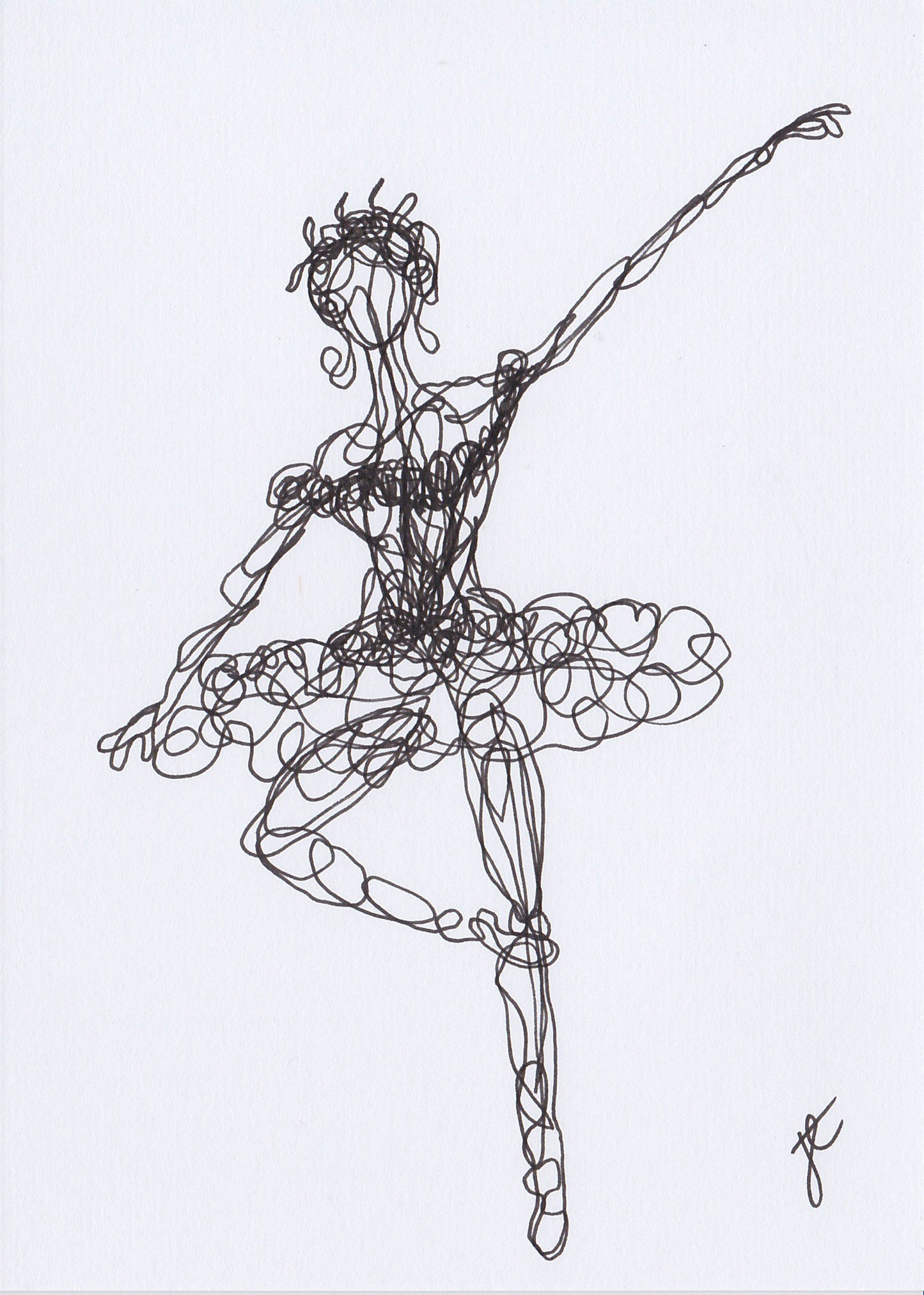 Continuous lie drawing of ballerina in tutu with leg in retire