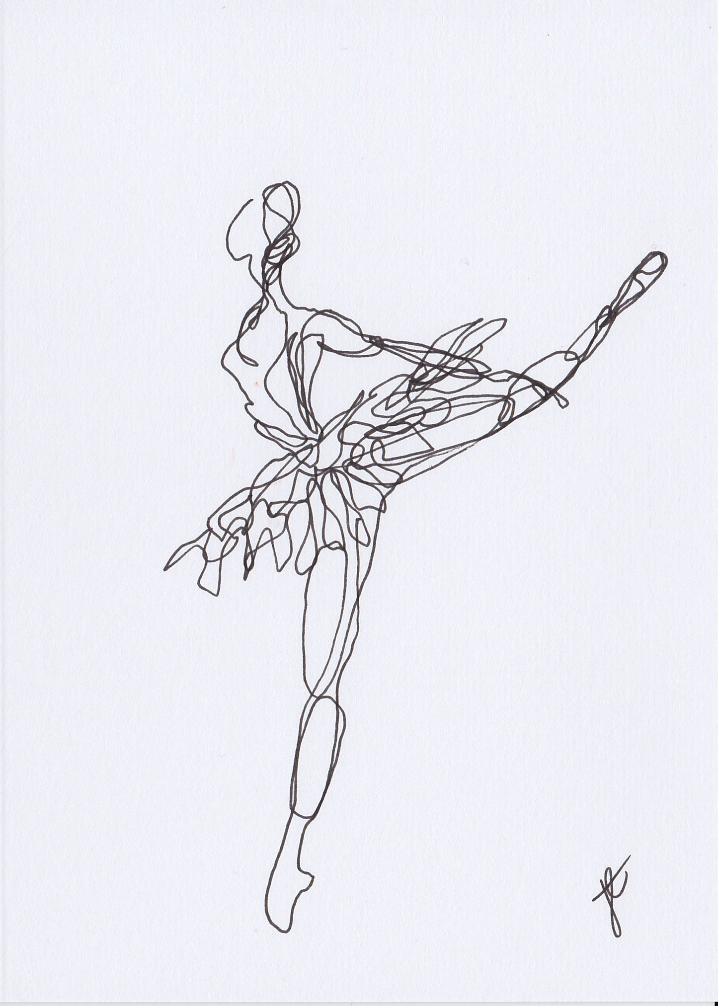 Continuous line ballerina drawing, side view of figure in tutu