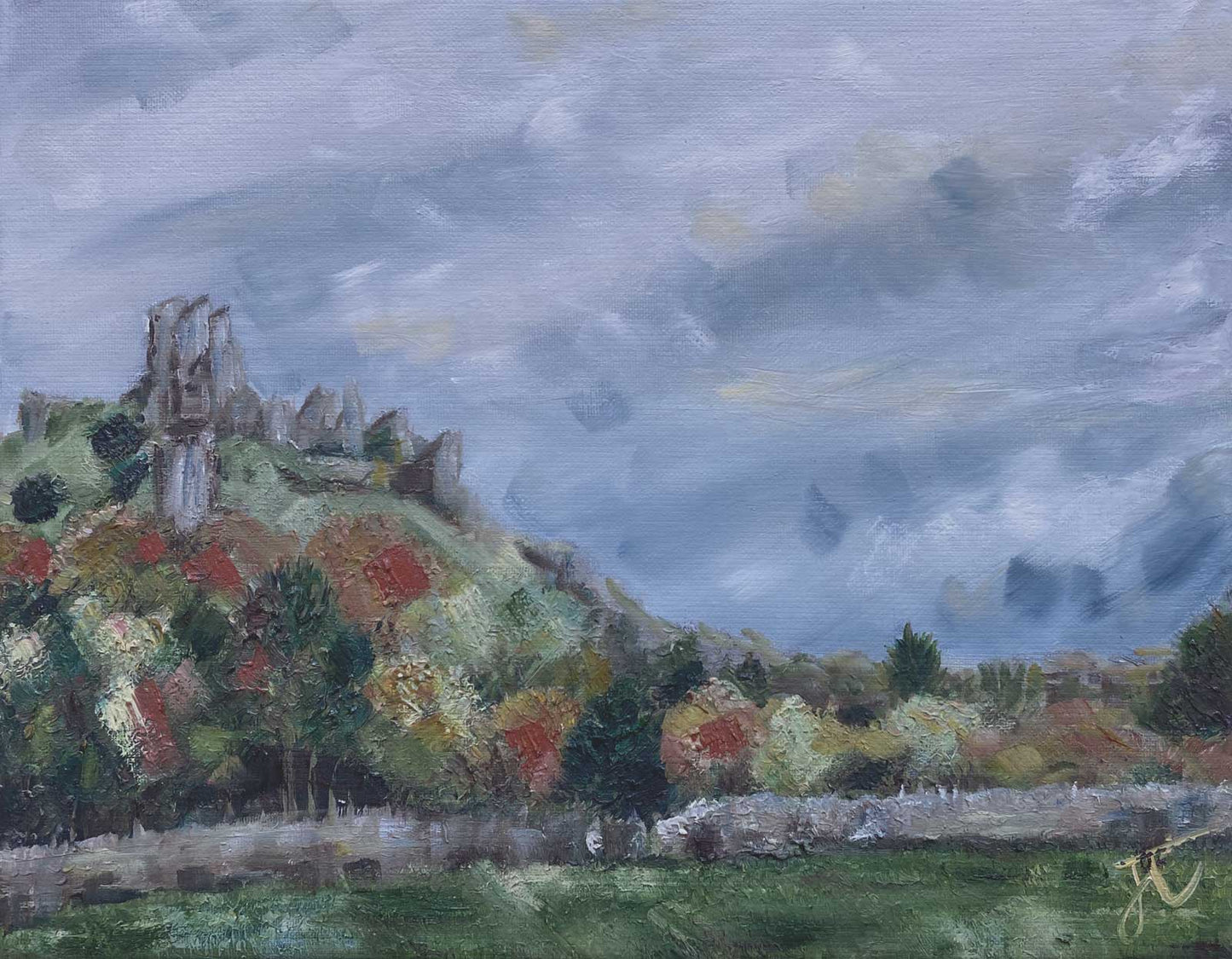 Landscape painting in autumn colours of Corfe castle above a forest