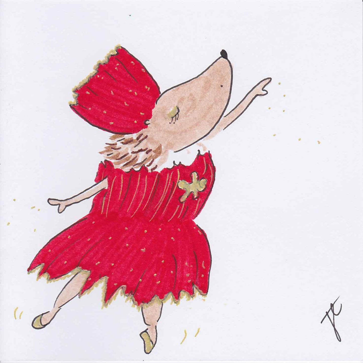 Ballettoons Hedgie illustration with Hedgie in red Christmas cracker costume and arabesque pose