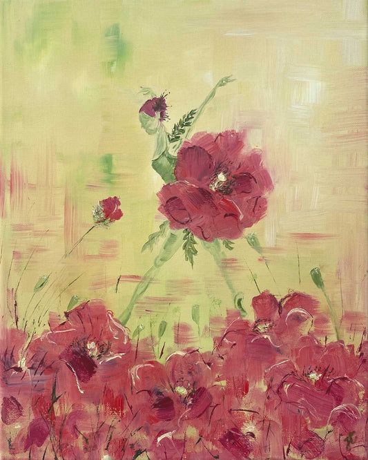Ballerina painting with red poppy tutu and blooms