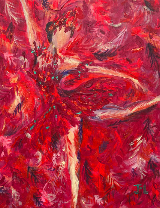 Ballerina painting with graceful figure in red tutu against a background of red feathers