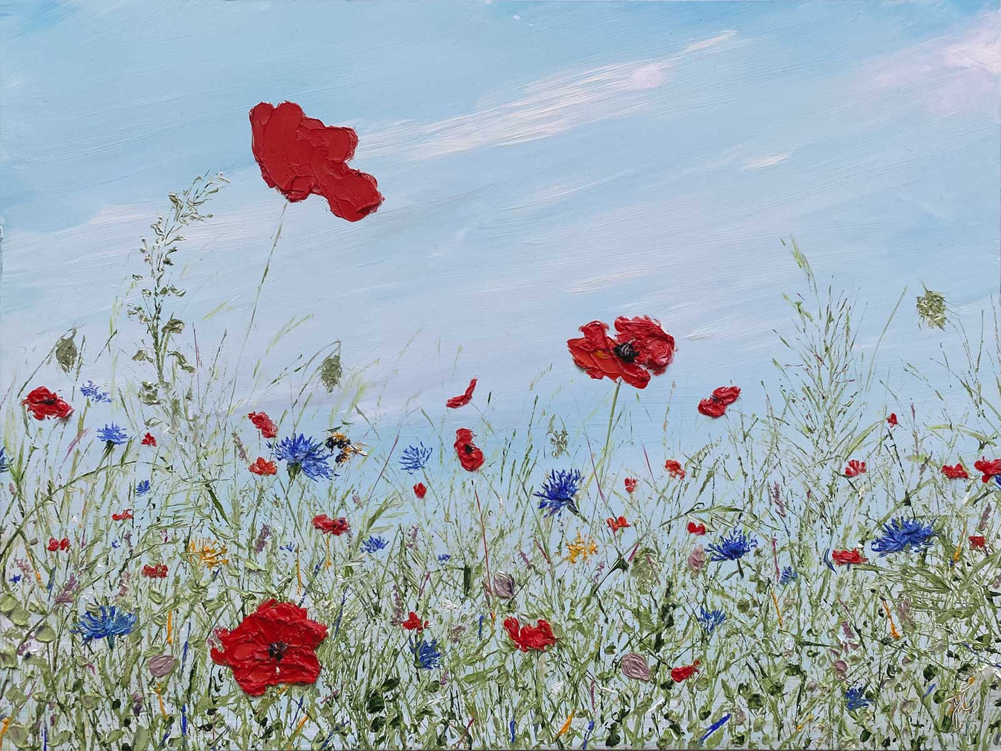 Textured painting of a field of wildflowers with red poppies and blue cornflowers against a blue sky.