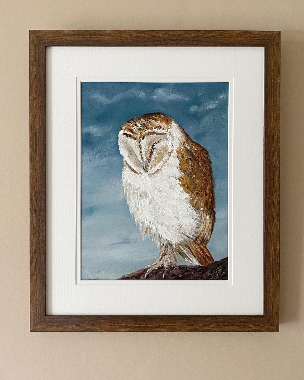 Framed painting of sleeping barn owl