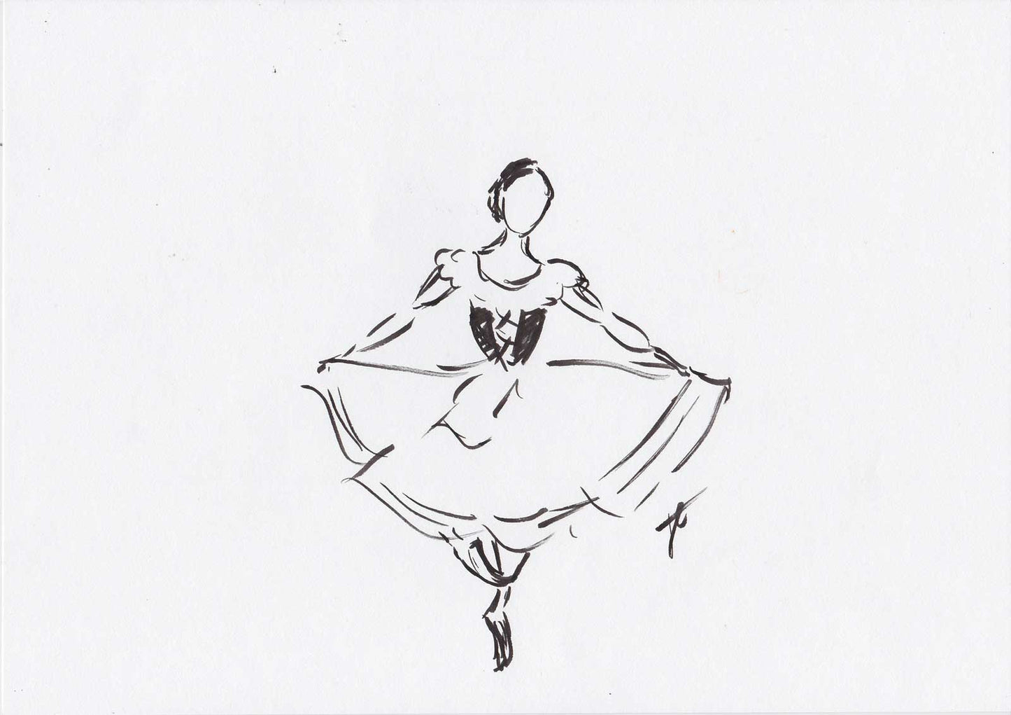 Pen sketch of ballerina in Giselle peasant costume