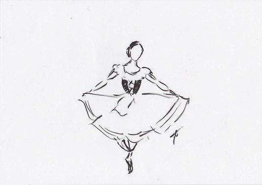Pen sketch of ballerina in Giselle peasant costume