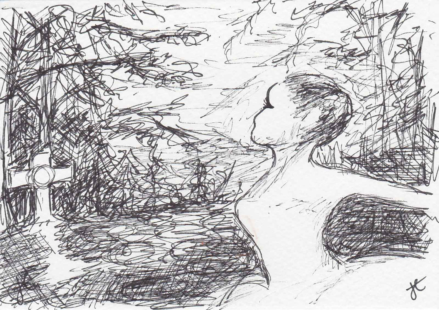 pen sketch of ballerina in forest setting