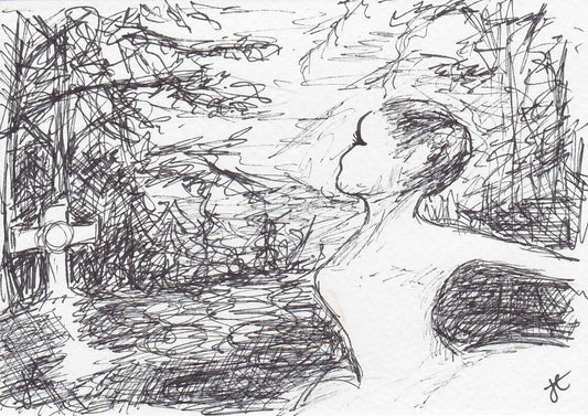 pen sketch of ballerina in forest setting