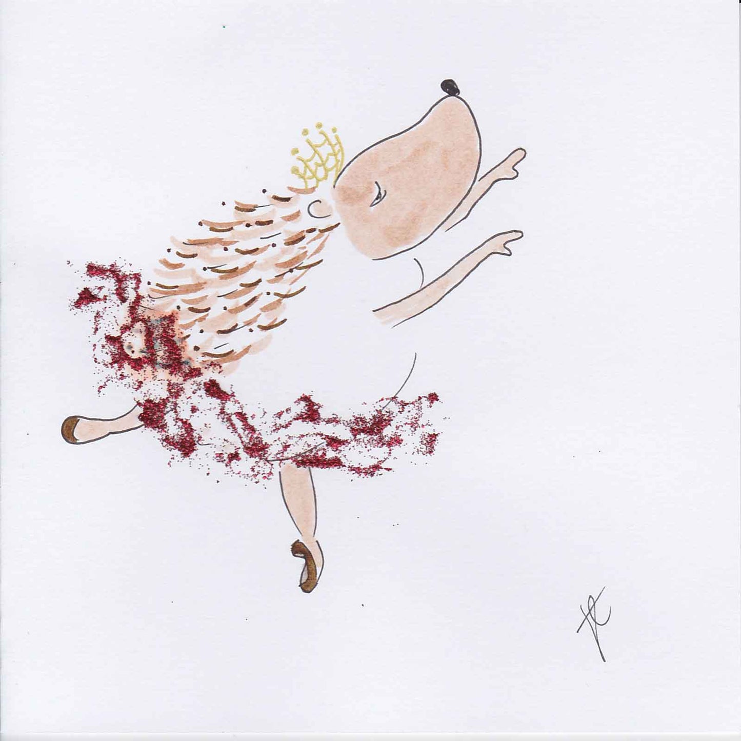 Ballettoons Hedgie in red glitter tutu, arabesque pose