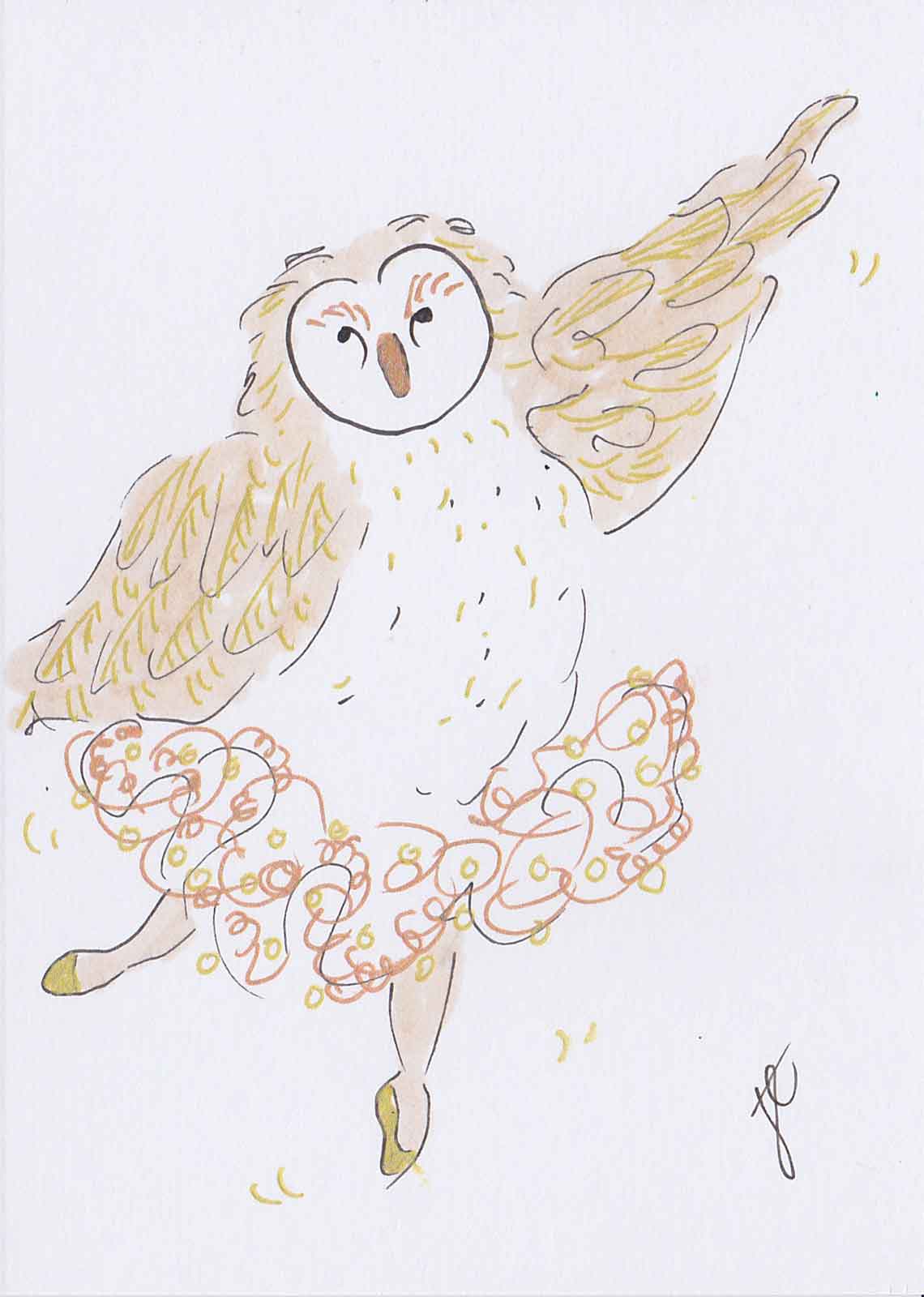 Barbara the Barn owl in arabesque and gold tutu and pointe shoes. Ballettoons illustration.