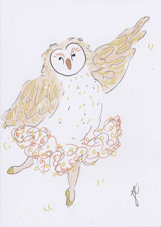 Barbara the Barn owl in arabesque and gold tutu and pointe shoes. Ballettoons illustration.