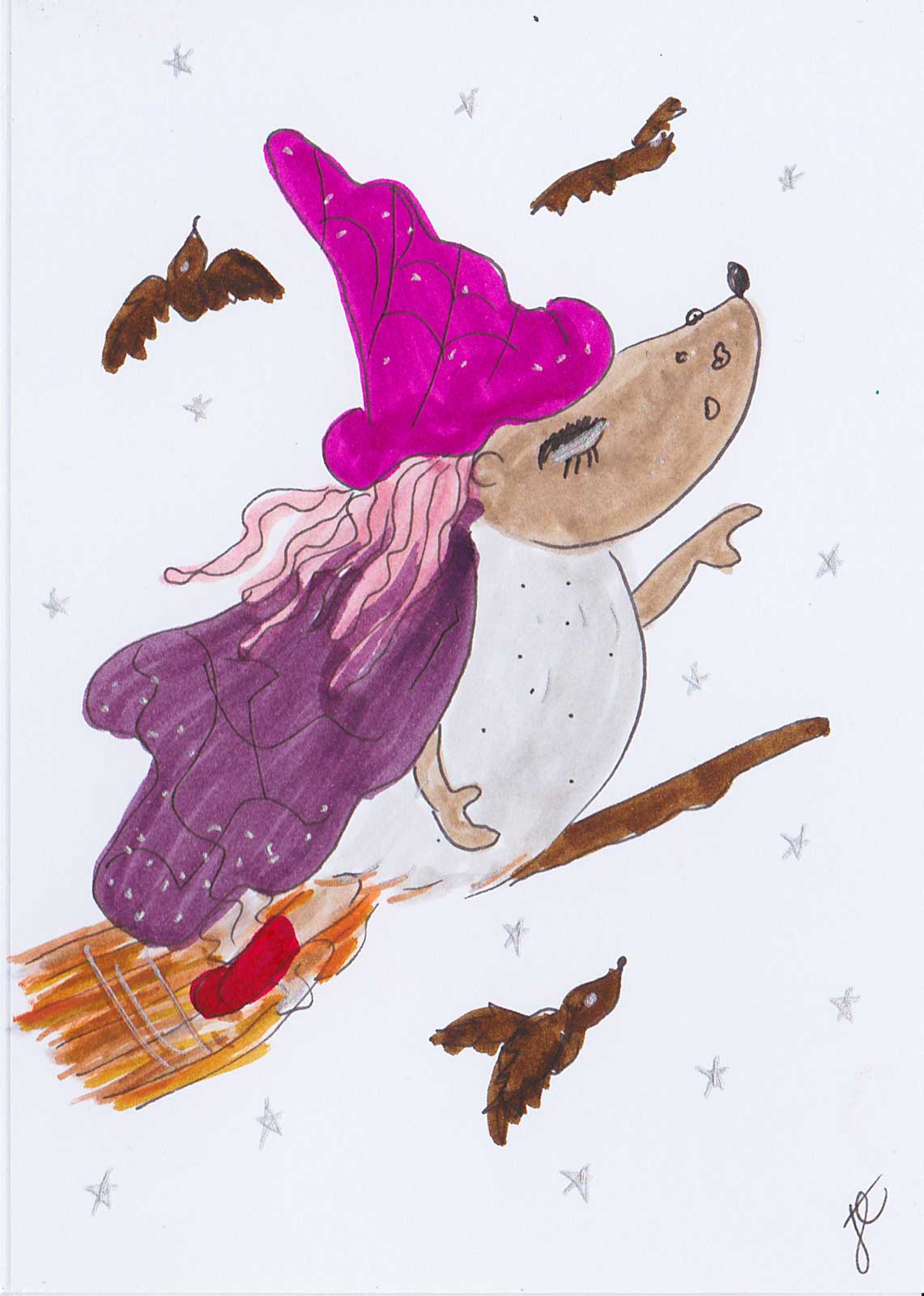 Ballettoons illustrated card of Hedgie in witch costume astride a broomstick