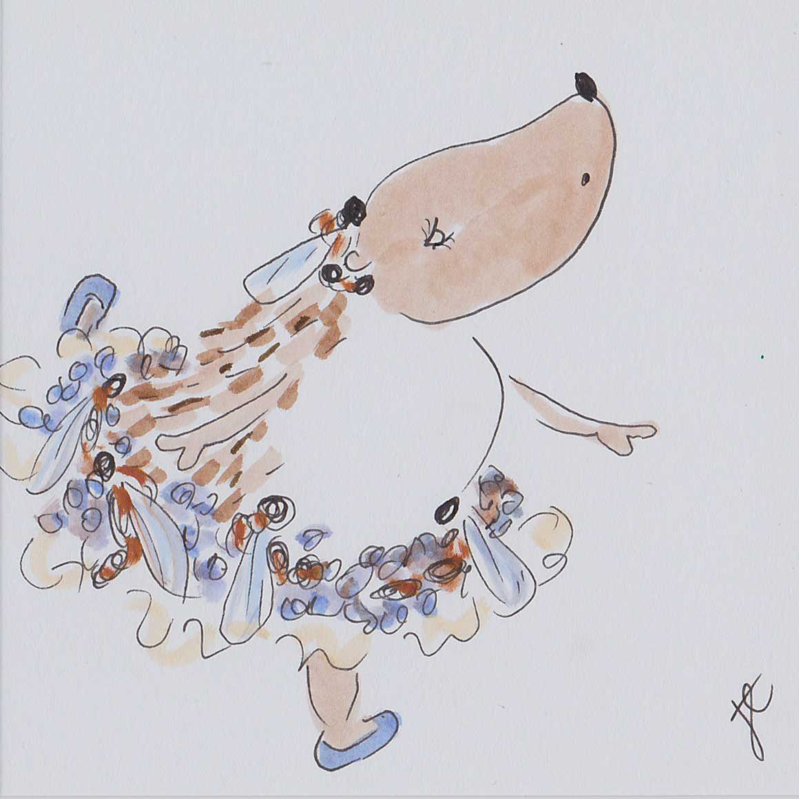 Cartoon hedgehog blowing a kiss with a tutu adorned with insects on a white background