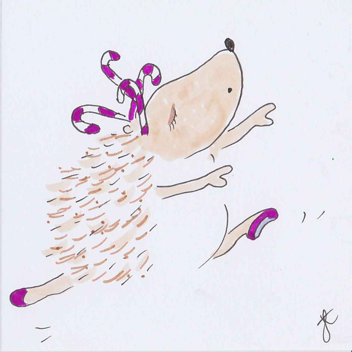 Ballettoons Hedgie mid jump with magenta shoes and candy cane headpiece