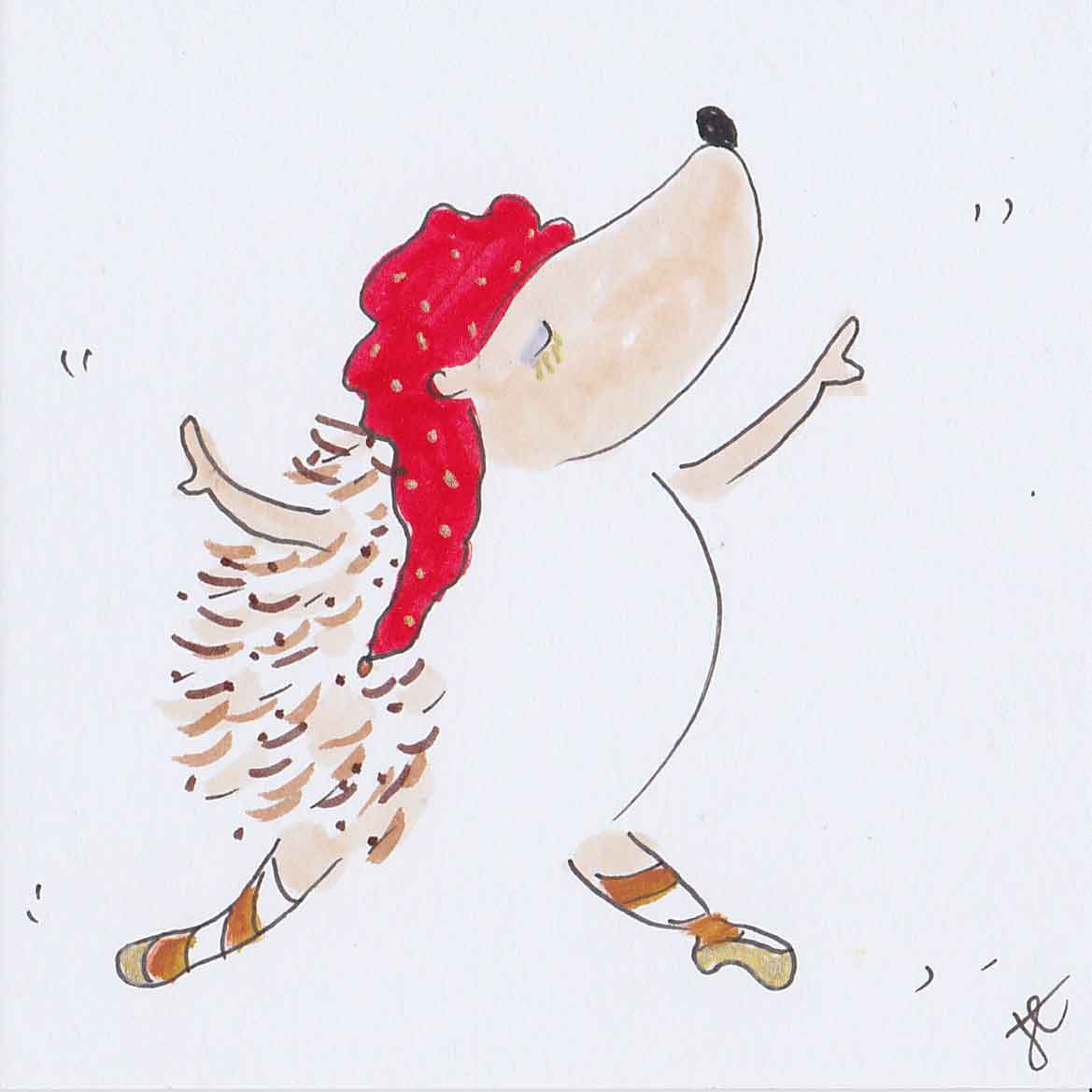 Ballettoons Hedgie jumping wearing red festive elf hat, striped stockings