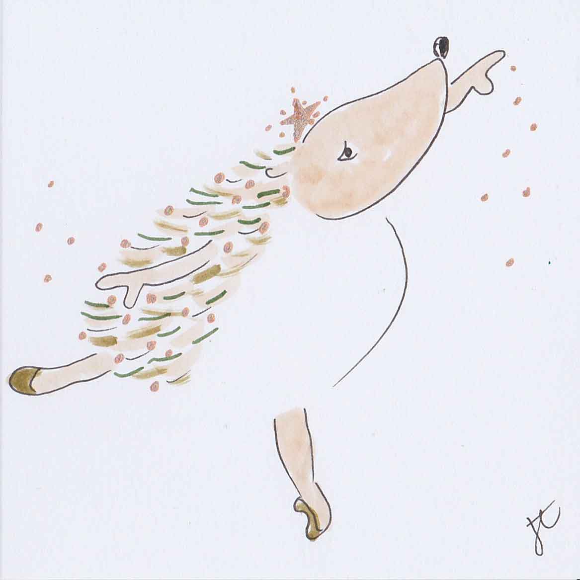 Hedgie poised in arabesque with star and gold decorations in her spikes