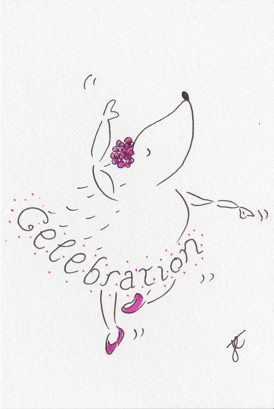 Ballettoons Hedgie illustrated postcard of hedgehog in pirouette with celebration handlettered tutu