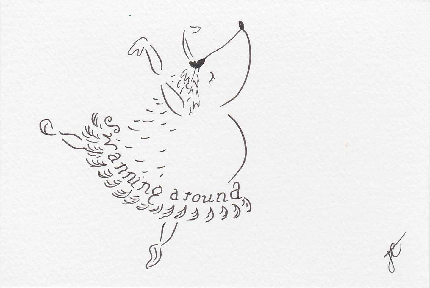 Ballettoons Hedgie illustrated postcard of hedgehog en pointe in swan costume with swanning around handlettered tutu