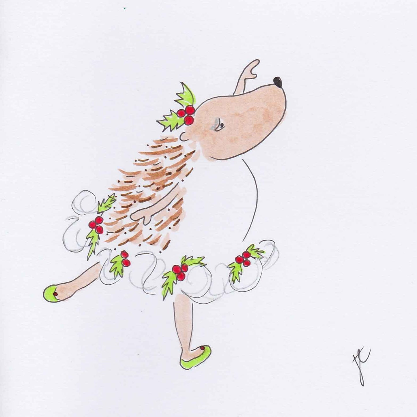 Ballettoons Hedgie drawn in arabesque with holly tutu, headpiece and shoes