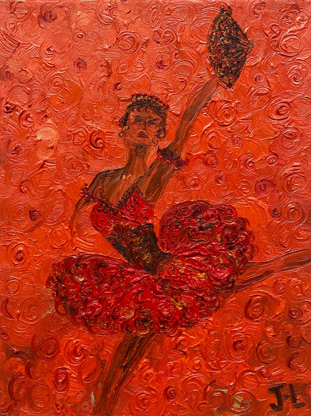Ballerina painting of Kitri-inspired figure poised with fan against a background of orange swirls