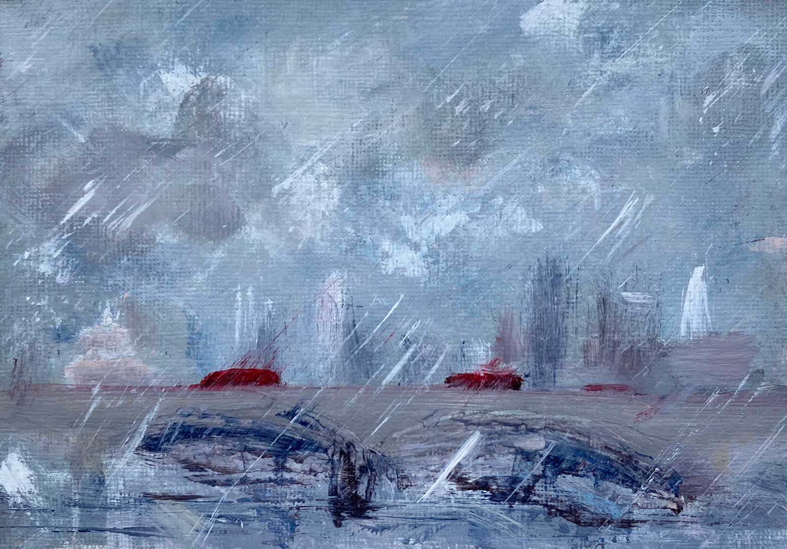 cityscape painting of Waterloo bridge and skyline in the rain