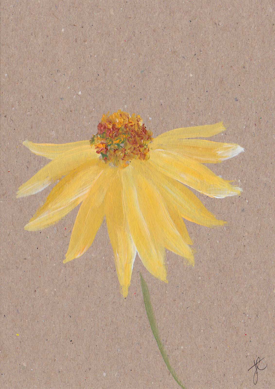 Note card with yellow daisy flower painted on recycled card
