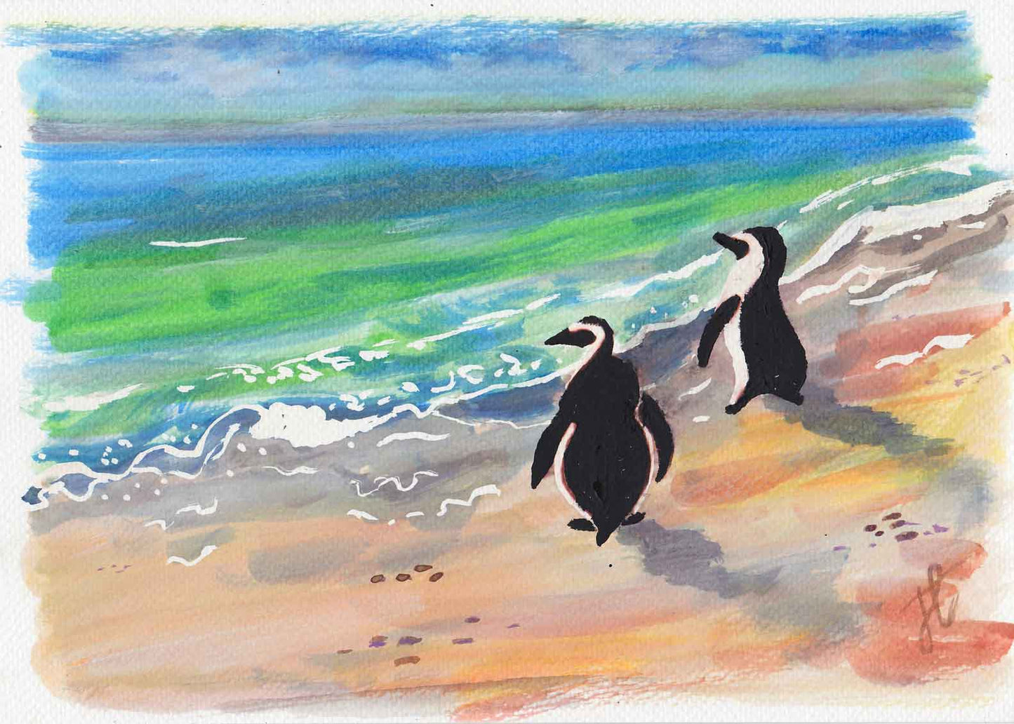 Watercolour painting of two penguins on the beach