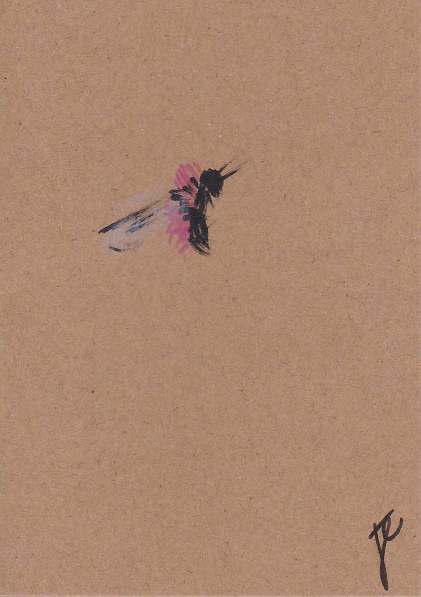 Small painting of a pink bee on a natural brown card background