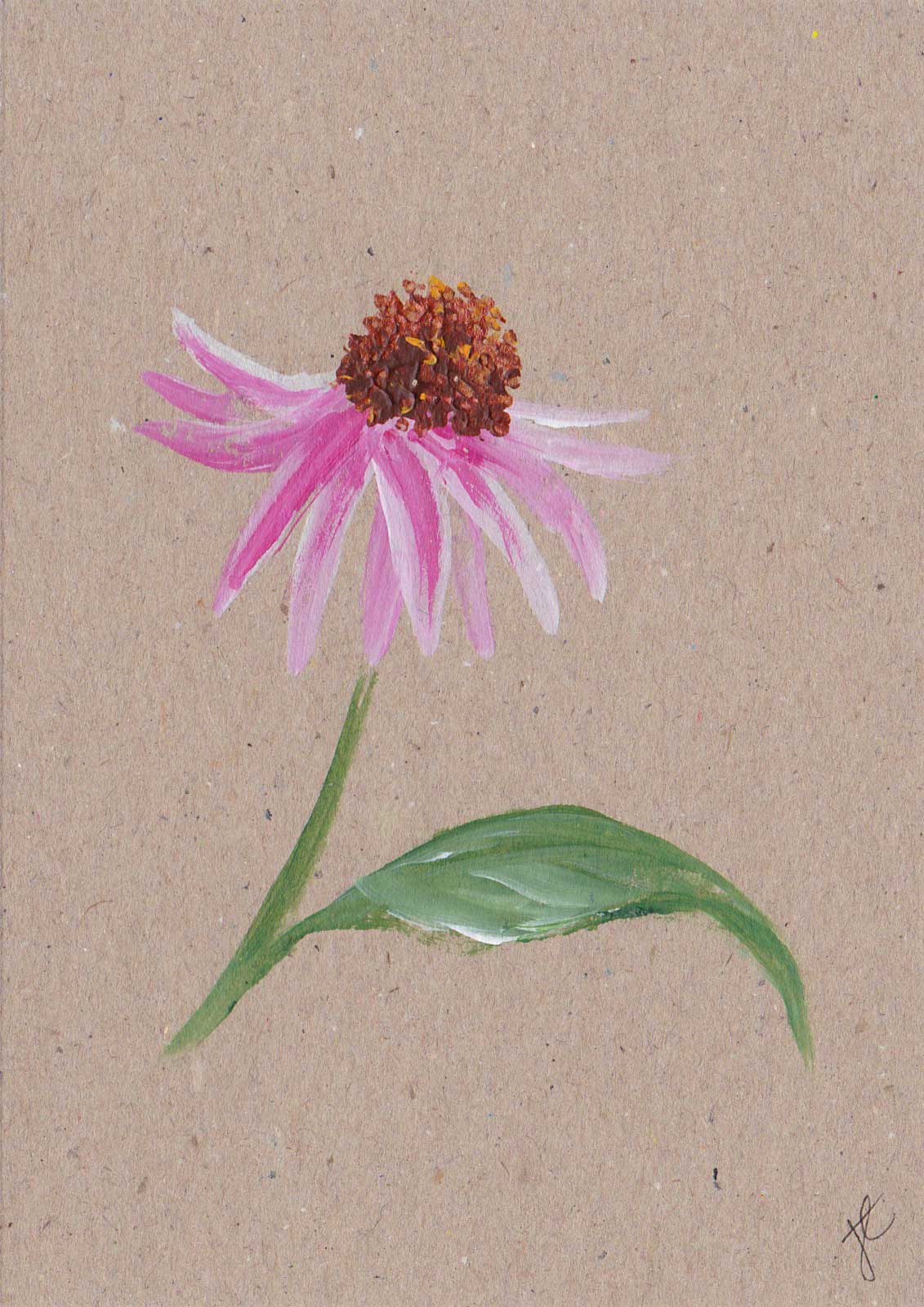 Card with original painting of a pink echinacea flower on a beige background