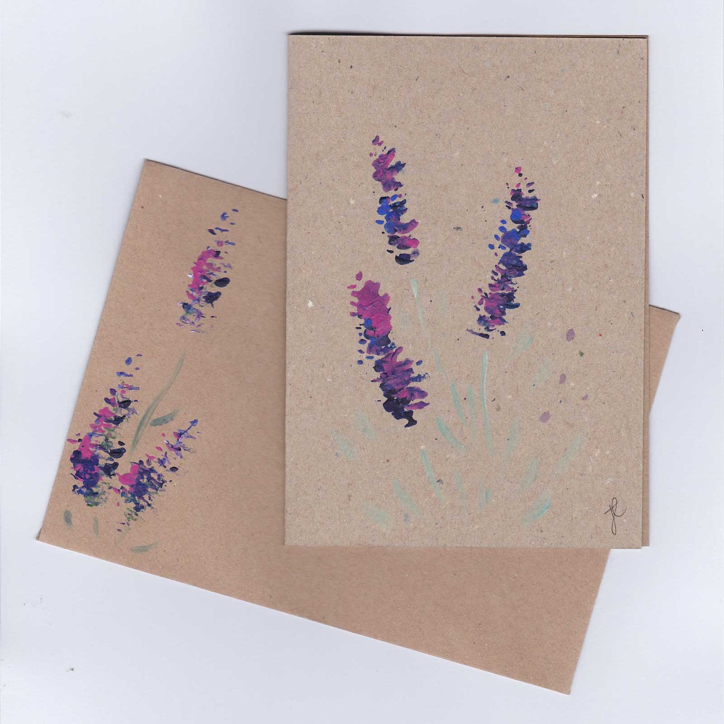 Hand-painted card and envelope with lavender flower designs