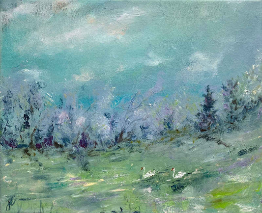 Seasons: swans and riverside painting