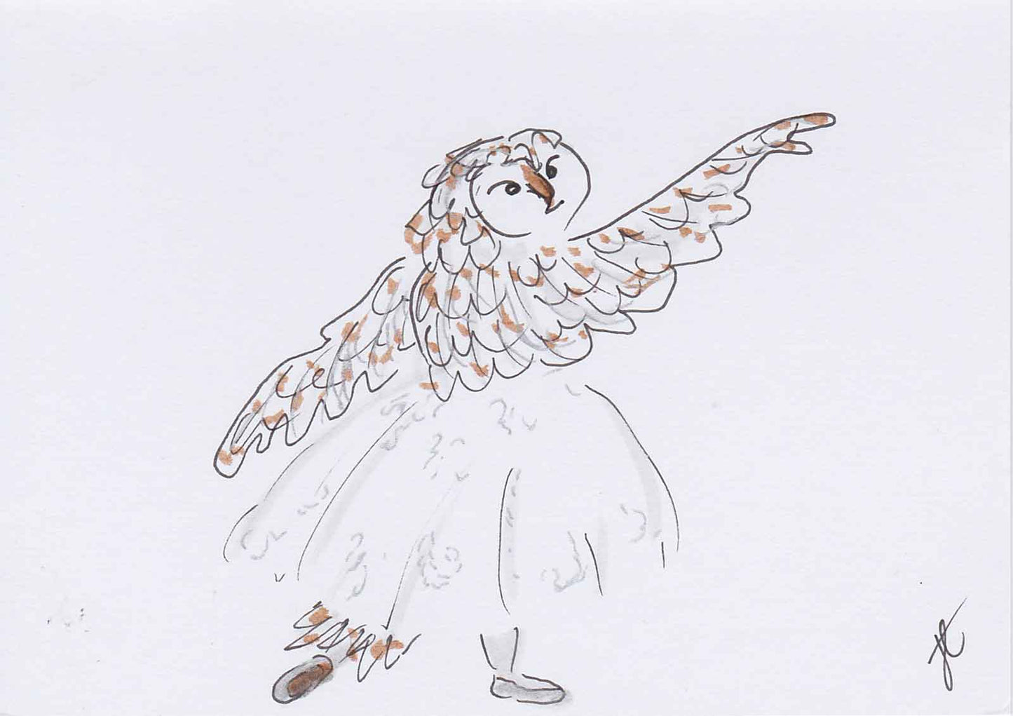 Ballettoons illustration of barn owl in arabesque wearing romantic tutu and looking over her shoulder