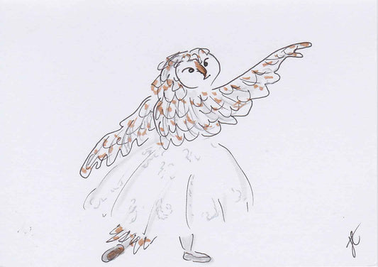 Ballettoons illustration of barn owl in arabesque wearing romantic tutu and looking over her shoulder